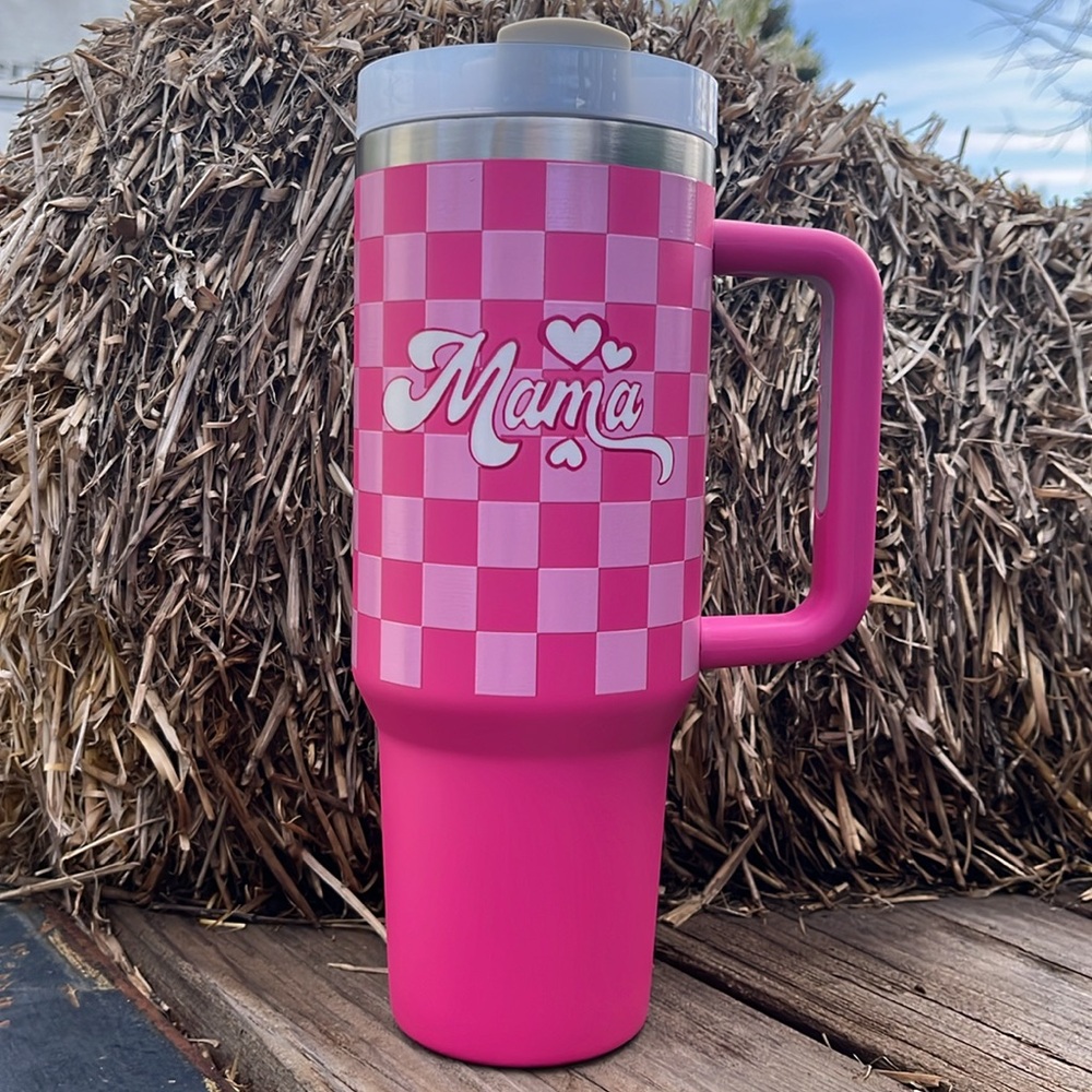 New Pink Checkered Mama 40 oz Stainless Steel Tumbler